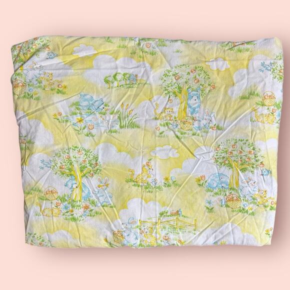 Vtg Dundee Crib Sheet Yellow Bear Bunny Cats Tree Farm 80s Baby Retro Kitschy - Picture 1 of 4